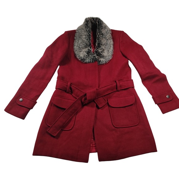 DTSARF Jackets & Blazers - DTSARF Womens Red Wool Blend Belted Trench Coat Faux Fur Collar Burgundy 9400863